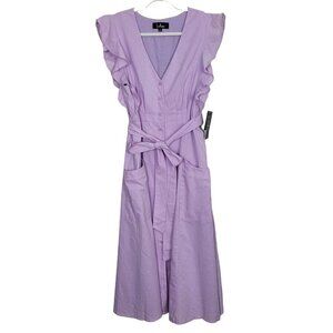 Lulu's Sz Large Sophie Lavender Button Up Midi Dress Ruffle Trim Sleeve NWT